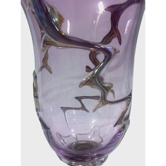 Unique 13 X 7.5 Purple Art Deco Murano Vines Confetti Centerpiece Vase Vintage - Picture 16 of 16